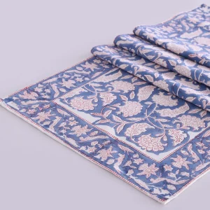 Luxury Blue White Floral Hand Block Print Cotton Table Runner - Image 3