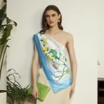 Luxury Palm Tree Print Silk Scarf Off White & Turquoise Crepe Silk Wrap - Image 2