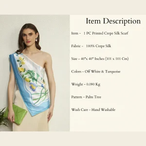 Luxury Palm Tree Print Silk Scarf Off White & Turquoise Crepe Silk Wrap - Image 10