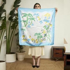 Luxury Palm Tree Print Silk Scarf Off White & Turquoise Crepe Silk Wrap - Image 8