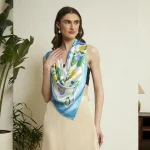 Luxury Palm Tree Print Silk Scarf Off White & Turquoise Crepe Silk Wrap - Image 4