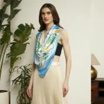 Luxury Palm Tree Print Silk Scarf Off White & Turquoise Crepe Silk Wrap