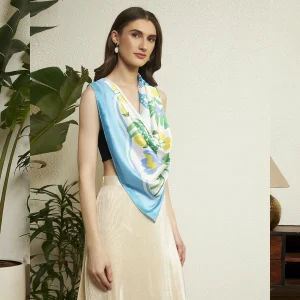 Luxury Palm Tree Print Silk Scarf Off White & Turquoise Crepe Silk Wrap - Image 3