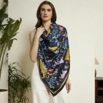 Ethnic Bold Jaguar Print Silk Scarf Luxury Black Blue Fashion Wrap for Women's