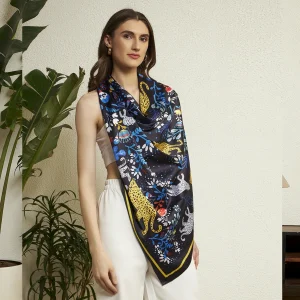 Ethnic Bold Jaguar Print Silk Scarf Luxury Black Blue Fashion Wrap for Women's - Image 4