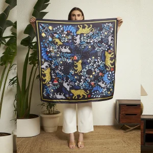 Ethnic Bold Jaguar Print Silk Scarf Luxury Black Blue Fashion Wrap for Women's - Image 6