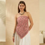 Peach Floral Hand Block Print Cotton Scarf For Women