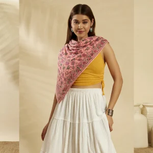 Peach Floral Hand Block Print Cotton Scarf For Women - Image 4