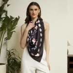 Premium Black Silk Scarf Feminine Floral Pattern Neck Designer Wrap Women - Image 2