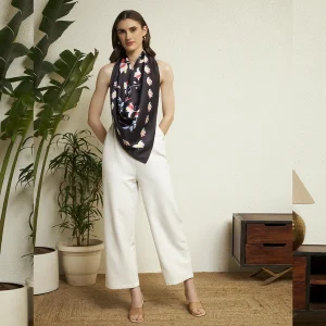 Premium Black Silk Scarf Feminine Floral Pattern Neck Designer Wrap Women - Image 6