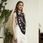 Premium Black Silk Scarf Feminine Floral Pattern Neck Designer Wrap Women - Image 5