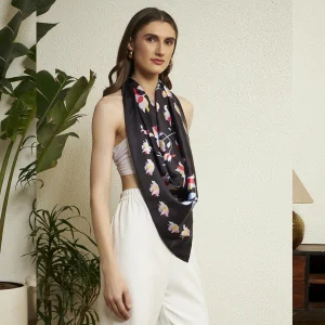 Premium Black Silk Scarf Feminine Floral Pattern Neck Designer Wrap Women - Image 5