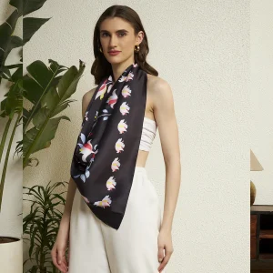 Premium Black Silk Scarf Feminine Floral Pattern Neck Designer Wrap Women - Image 4