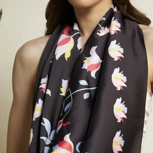 Premium Black Silk Scarf Feminine Floral Pattern Neck Designer Wrap Women - Image 7