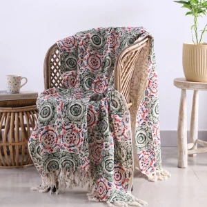 vintage-green-red-floral-hand-block-printed-cotton-throw WT-270 (2) Vintage Green & Red Floral Hand Block Printed Cotton Throw