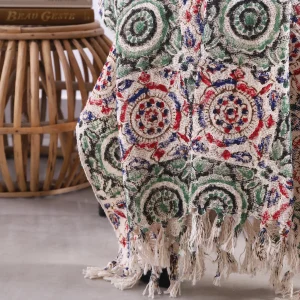 Vintage Green & Red Floral Hand Block Printed Cotton Throw - Image 3