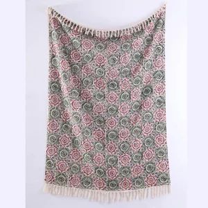 Vintage Green & Red Floral Hand Block Printed Cotton Throw - Image 4