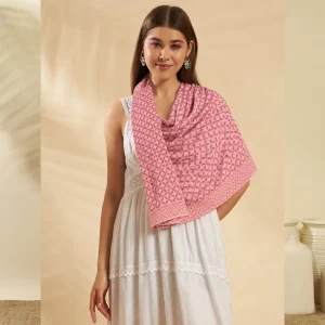 Women Designer Peach Floral Cotton Square Scarf - Image 3