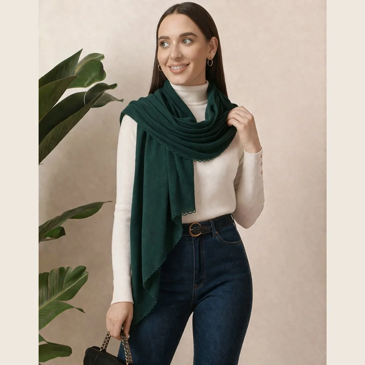 women-soft-dark-green-chiffon-neck-scarf-with-lace GPS-24 (5)
