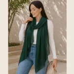Women Soft Dark Green Chiffon Neck Scarf with Lace - Image 3