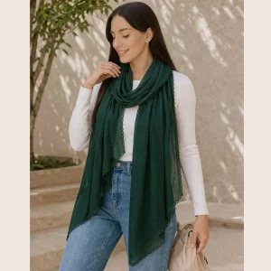 Women Soft Dark Green Chiffon Neck Scarf with Lace - Image 3