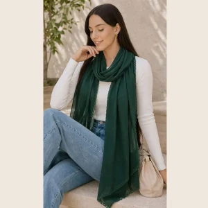 Women Soft Dark Green Chiffon Neck Scarf with Lace - Image 4