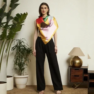 Women’s Luxury Silk Feel Scarf Elegant Multicolor Horse Art Print Scarf - Image 6