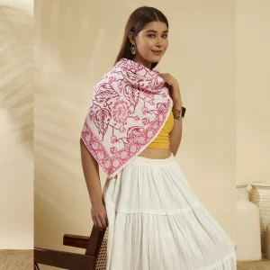 Women's Pink Floral Hand Block Print Cotton Scarf - Image 3