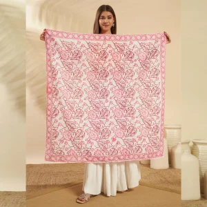 Women's Pink Floral Hand Block Print Cotton Scarf - Image 4