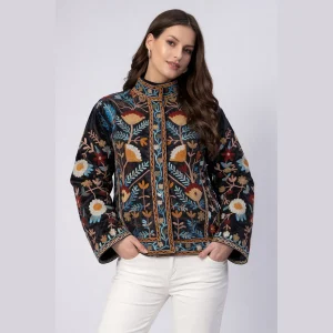 Boho Ethnic Women's Jacket Black Embroidery Floral Coat - Image 3