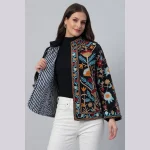 Boho Ethnic Women's Jacket Black Embroidery Floral Coat