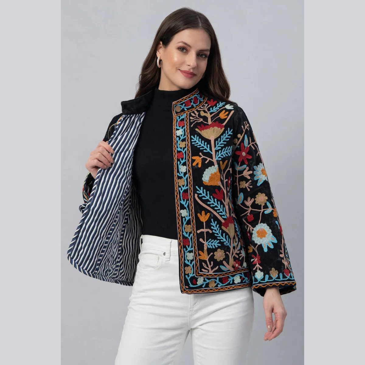 boho-ethnic-womens-jacket-black-embroidery-floral-coat SVJ-3 (2) Boho Ethnic Women's Jacket Black Embroidery Floral Coat - Image 1