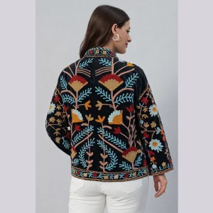 Boho Ethnic Women's Jacket Black Embroidery Floral Coat - Image 5