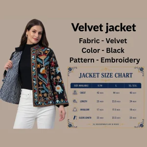 Boho Ethnic Women's Jacket Black Embroidery Floral Coat - Image 6