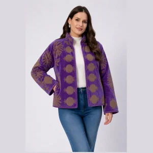 Handcrafted Beige Velvet Floral Embroidery Jacket for Women - Image 3