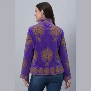 Handcrafted Beige Velvet Floral Embroidery Jacket for Women - Image 4
