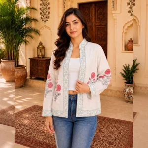 Handloom Cotton Hand Block Print Floral Open Front Jacket - Image 3