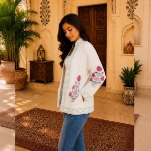 Handloom Cotton Hand Block Print Floral Open Front Jacket - Image 6