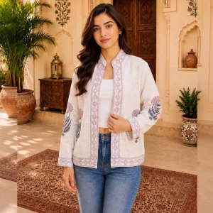 Indian Floral Hand Block Print Front Open Handloom Cotton Jacket - Image 3