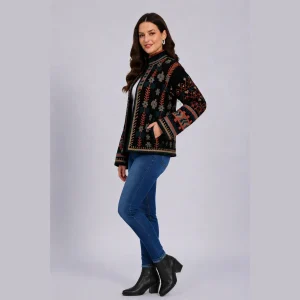Luxury Black Velvet Embroidered Open Front Jacket - Image 3