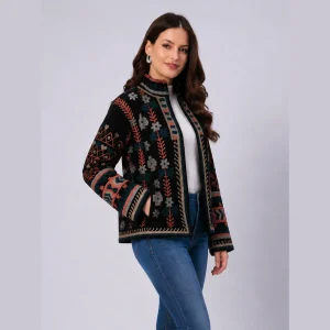 Luxury Black Velvet Embroidered Open Front Jacket - Image 7