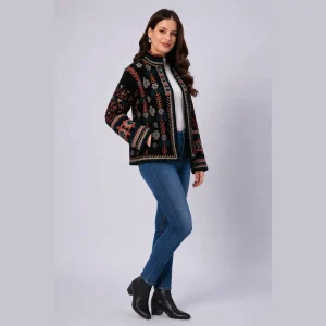 Luxury Black Velvet Embroidered Open Front Jacket - Image 8