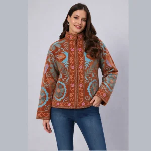 Luxury Handmade Rust Velvet Floral Embroidery Jacket - Image 3