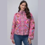 Luxury Pink Velvet Embroidered Open Front Jacket - Image 2