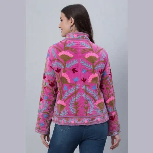 Luxury Pink Velvet Embroidered Open Front Jacket - Image 4