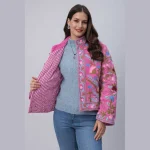 Luxury Pink Velvet Embroidered Open Front Jacket