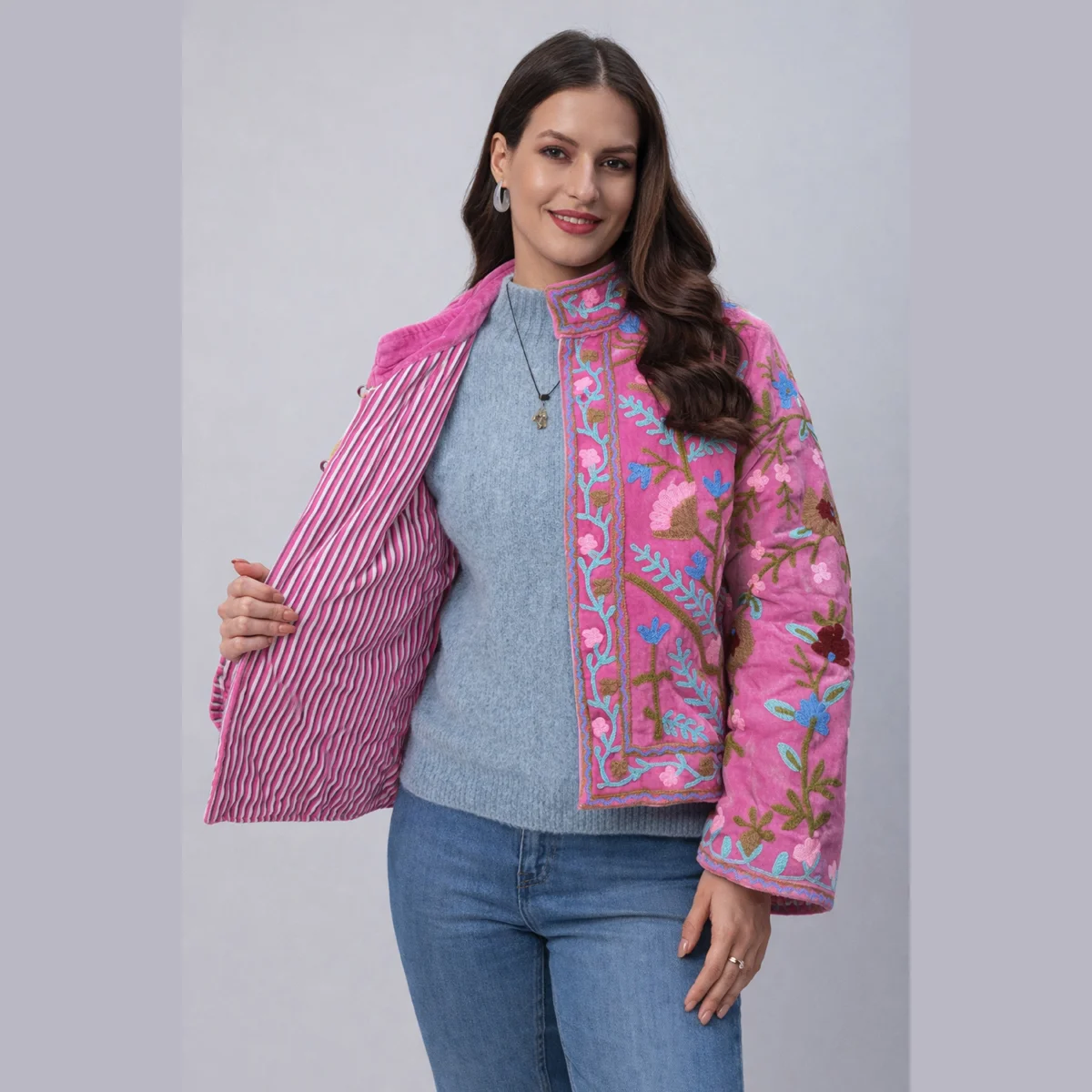 luxury-pink-velvet-embroidered-open-front-jacket SVJ-2 (4) Luxury Pink Velvet Embroidered Open Front Jacket - Image 1