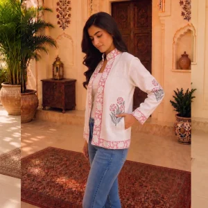 Traditional Hand Block Print Handloom Cotton Open Front Jacket - Image 4