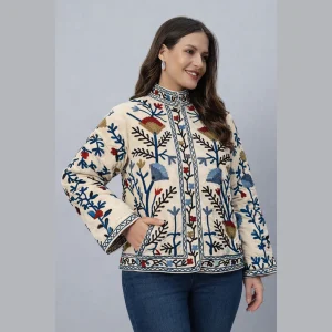 Vintage Style Beige Velvet Embroidered Jacket Gift For Women's - Image 3