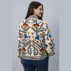 Vintage Style Beige Velvet Embroidered Jacket Gift For Women's - Image 4